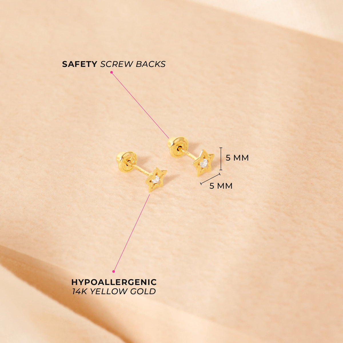 14k Gold Cubic Zirconia Star Kids / Children's / Girls Earrings Safety Screw Back