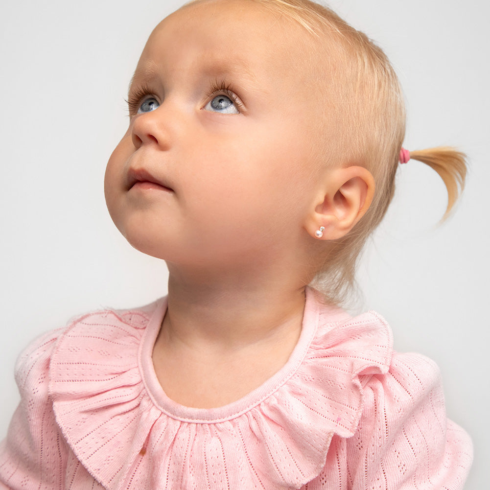 14k Gold Pearl With CZ Drop Toddler / Kids / Girls Earrings Safety Screw Back