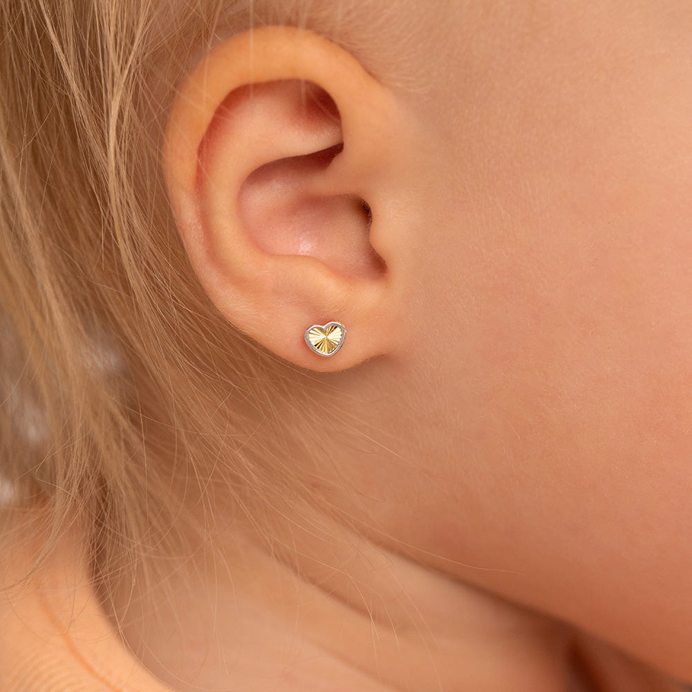 14k Gold Diamond Cut Heart Toddler / Kids / Girls Earrings Safety Screw Back