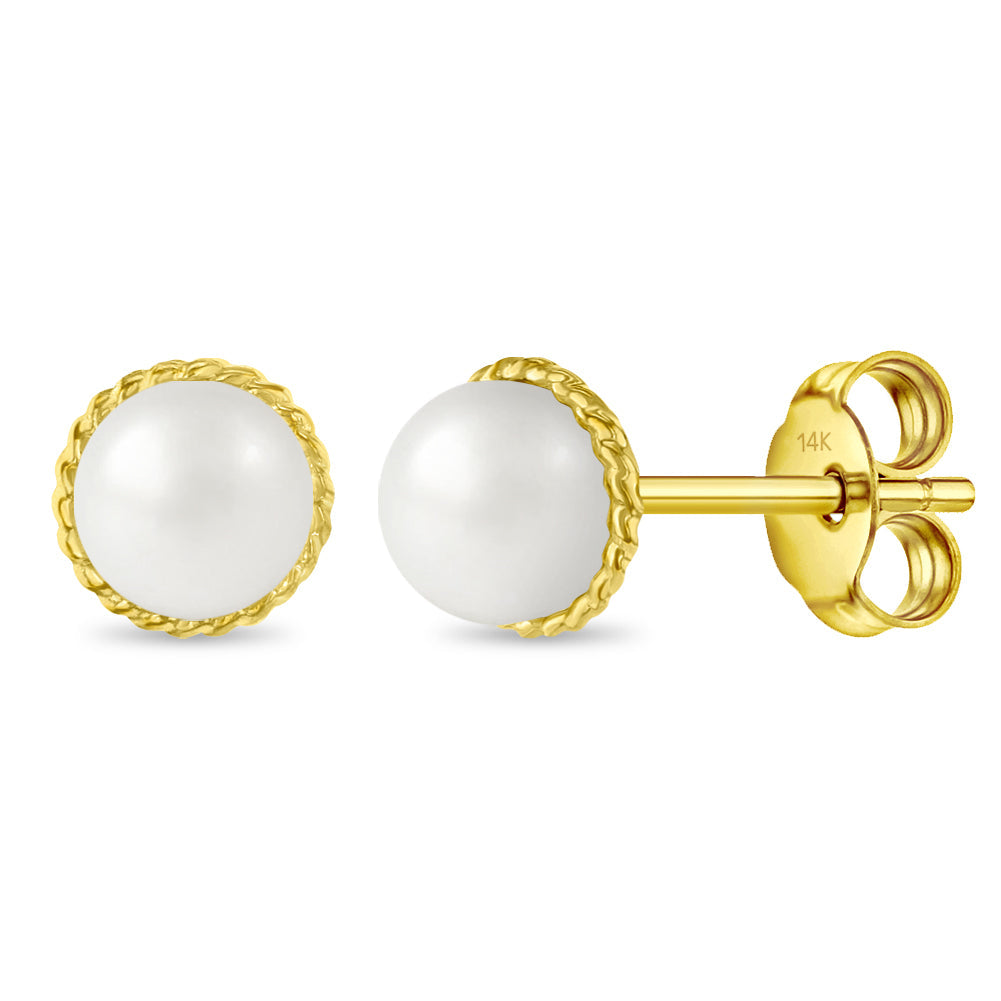 14k Gold Braided Edge Freshwater Cultured Pearl Kids / Preteen / Teen Earrings