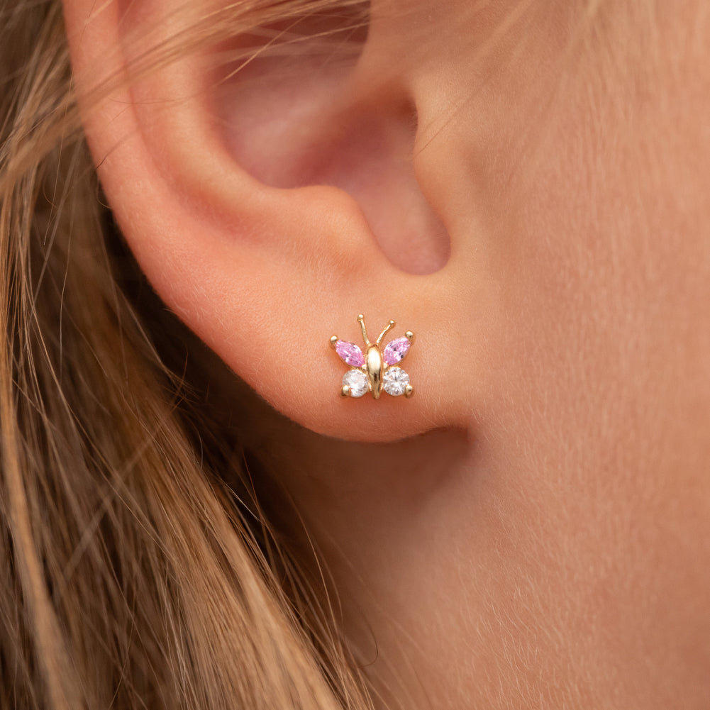 14k Gold Dazzling Butterfly Baby / Toddler / Kids Earrings Safety Screw Back