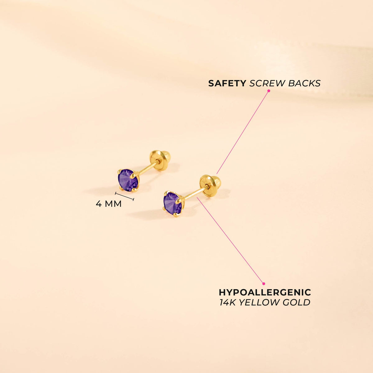 14k Gold 4 Prong Simulated Baby / Toddler / Kids Earrings Safety Screw Back