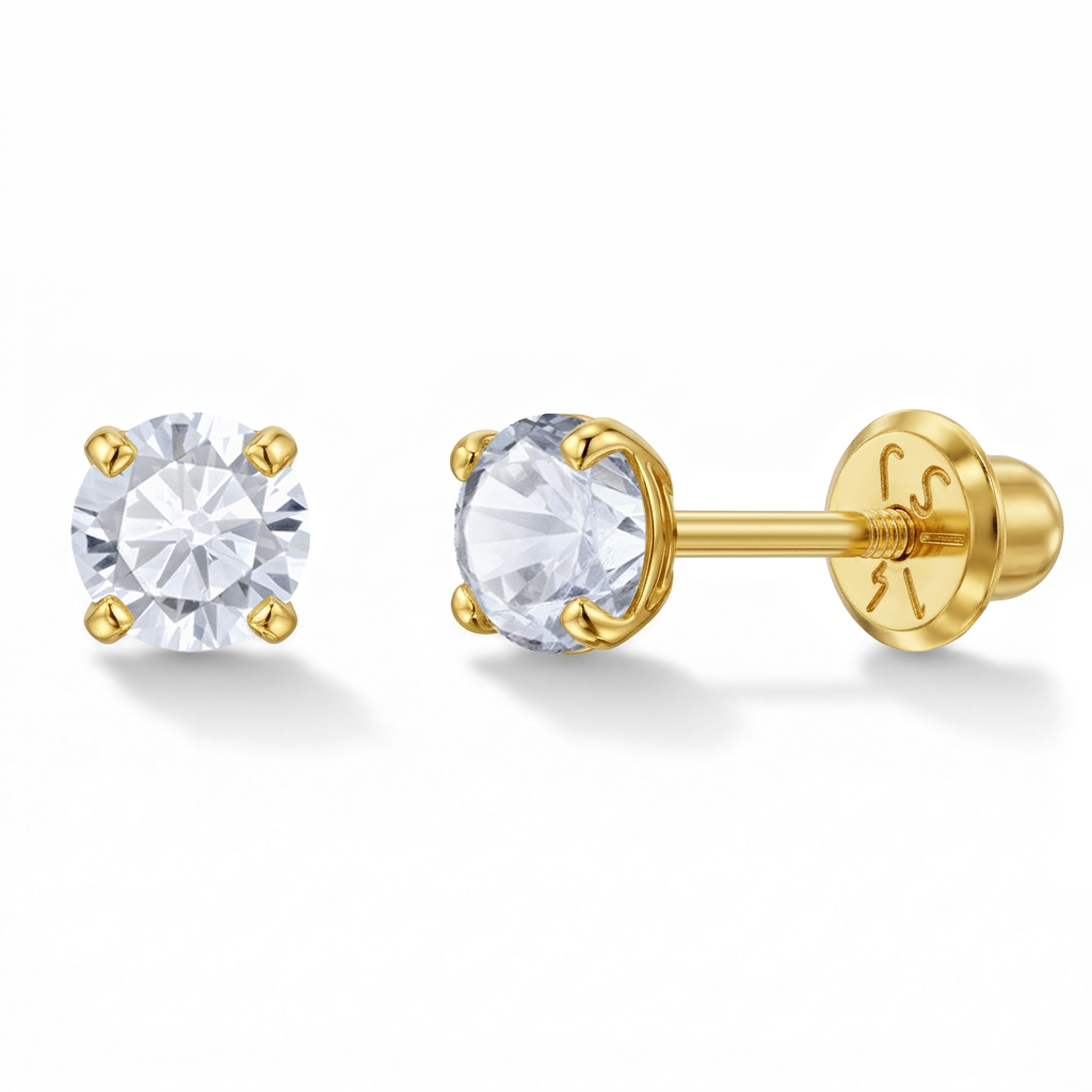 14k Gold 4 Prong Simulated Baby / Toddler / Kids Earrings Safety Screw Back