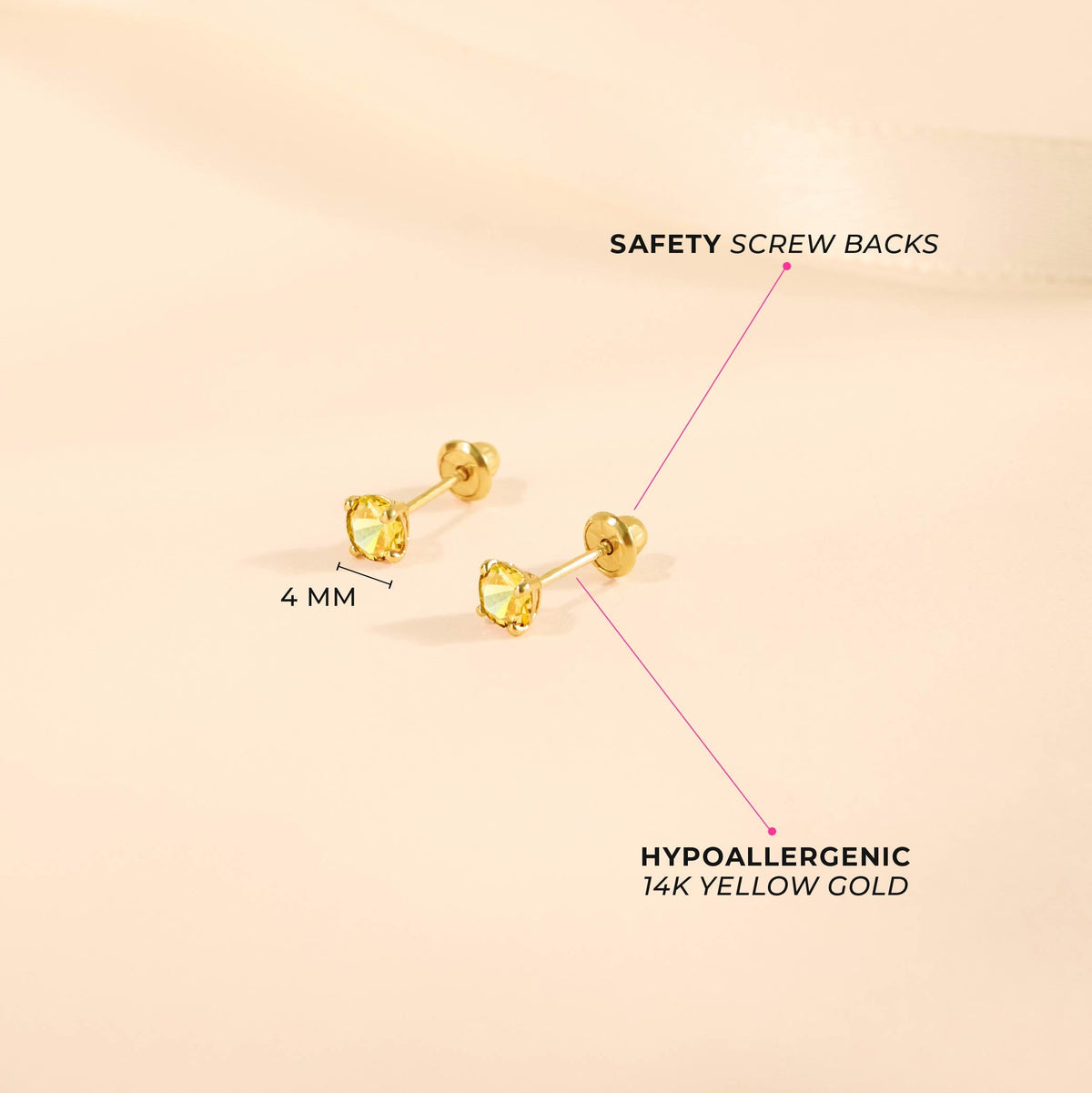 14k Gold 4 Prong Simulated Baby / Toddler / Kids Earrings Safety Screw Back
