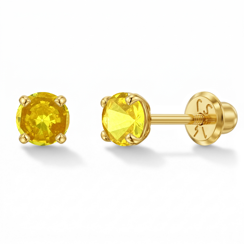 14k Gold 4 Prong Simulated Baby / Toddler / Kids Earrings Safety Screw Back