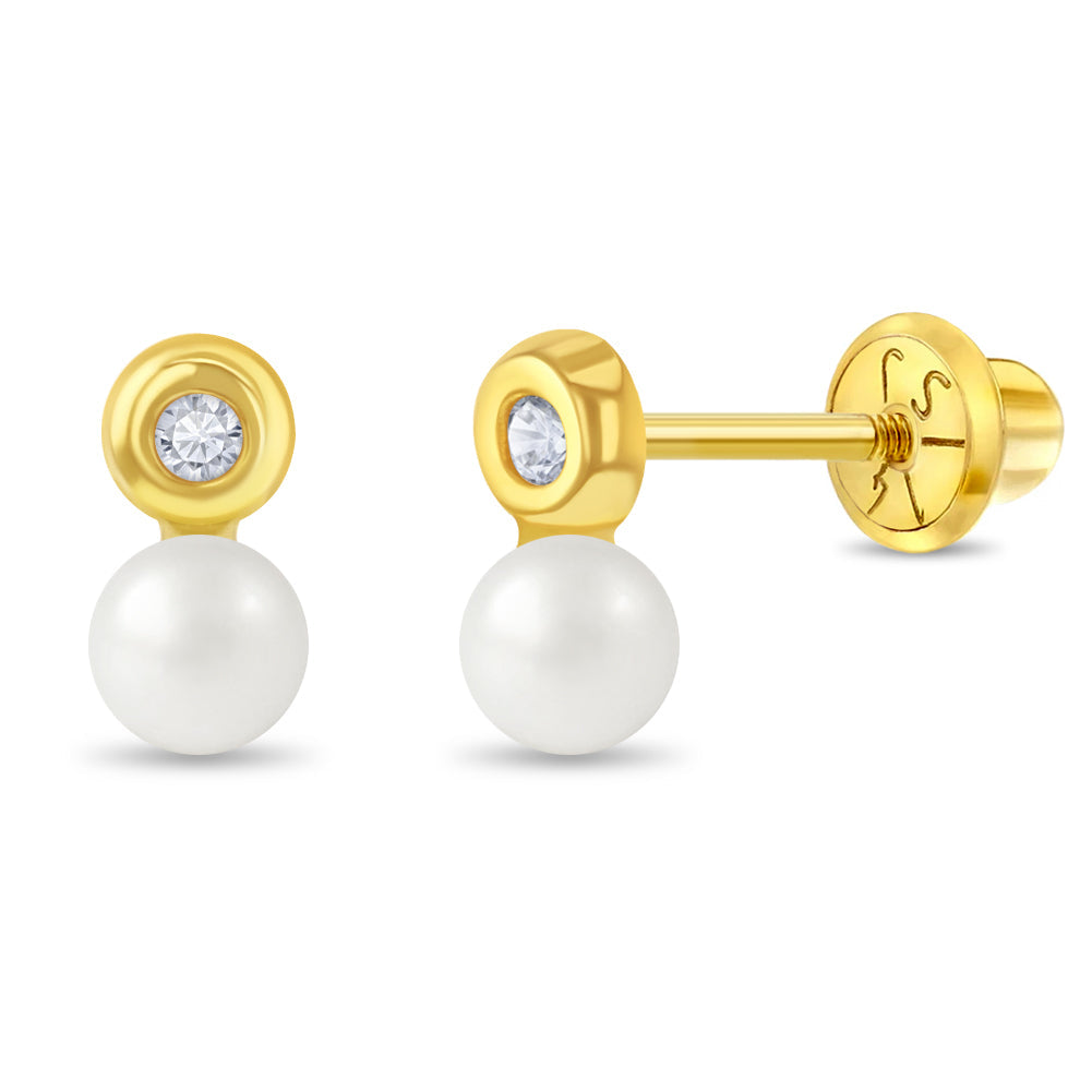 Clear CZ Drop Pearl Kids / Children's / Girls Earrings Safety Screw Back