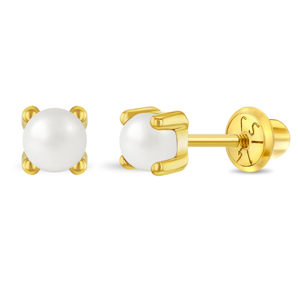 Pronged Freshwater Cultured Pearl Children / Girl Earrings Safety Screw Back