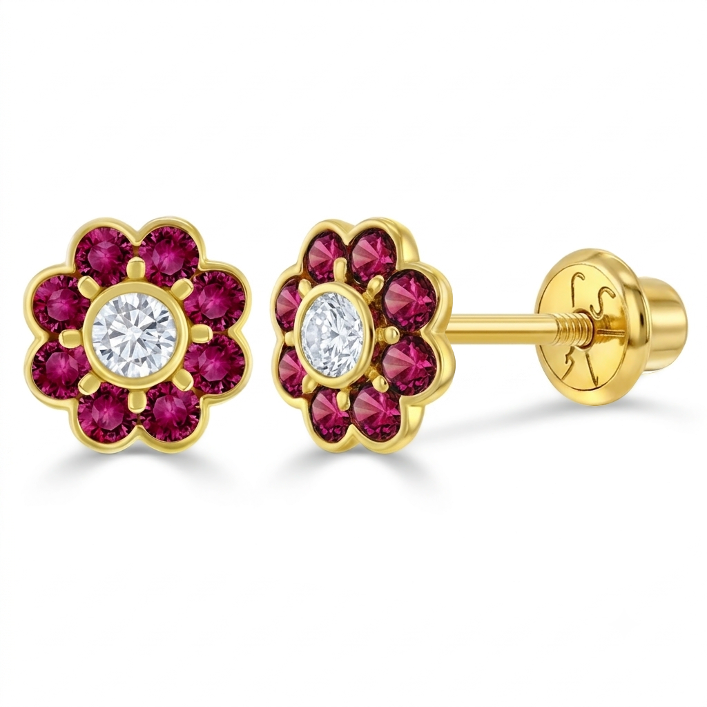 14k Gold Sparkling Flower Kids / Children's Earrings Safety Screw Back
