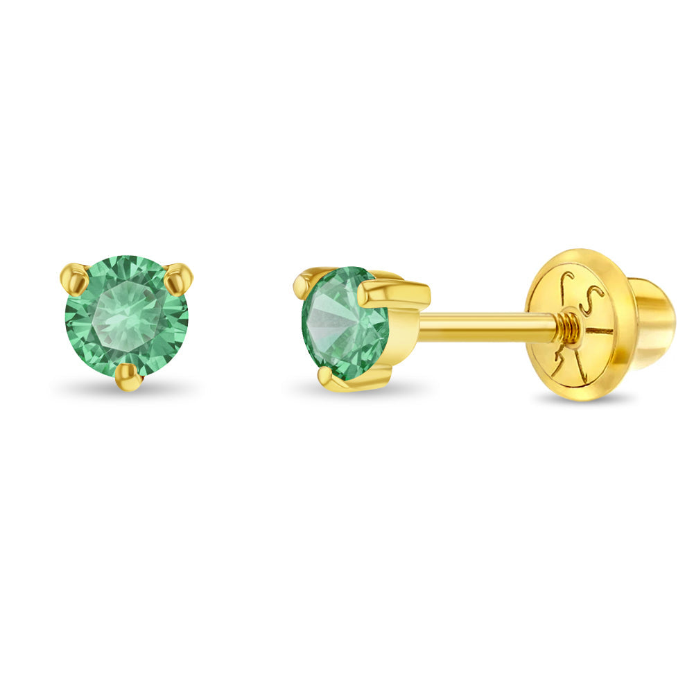 14k Gold Green Emerald Three Pronged Kids / Preteen / Teen Earrings