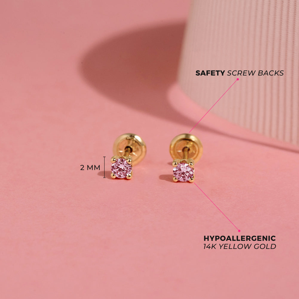 14k Gold 4 Prong CZ Solitaire 2-3mm Baby / Toddler / Kids Earrings Safety Screw Back