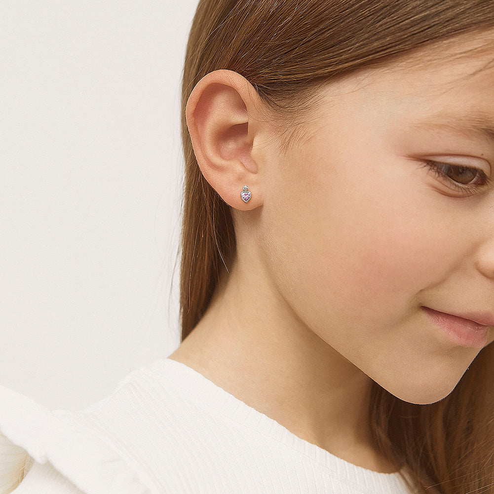 14k Gold Royal Heart CZ Kids / Children's / Girls Earrings Safety Screw Back