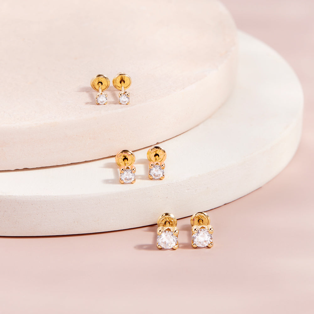 18k Gold 4 Prong CZ Solitaire 2-5mm Baby / Toddler / Kids Earrings Safety Screw Back
