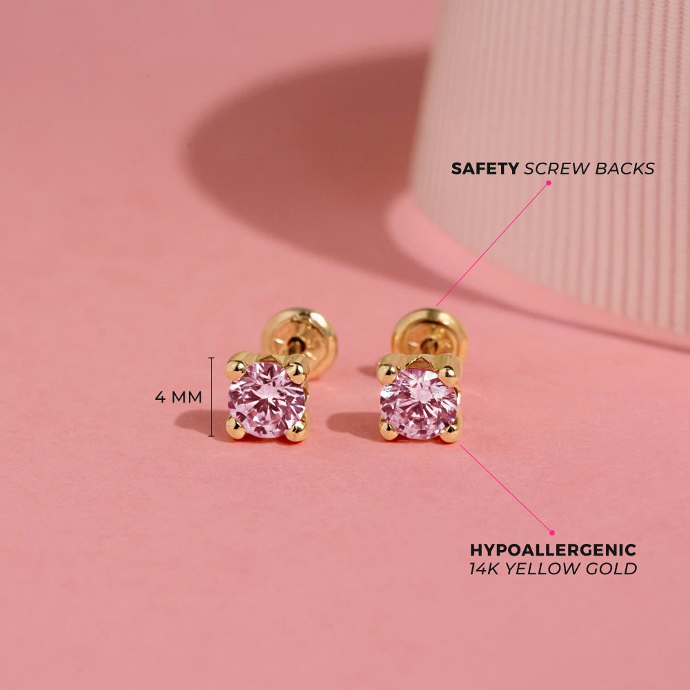 14k Gold 4 Prong CZ Solitaire 2-3mm Baby / Toddler / Kids Earrings Safety Screw Back