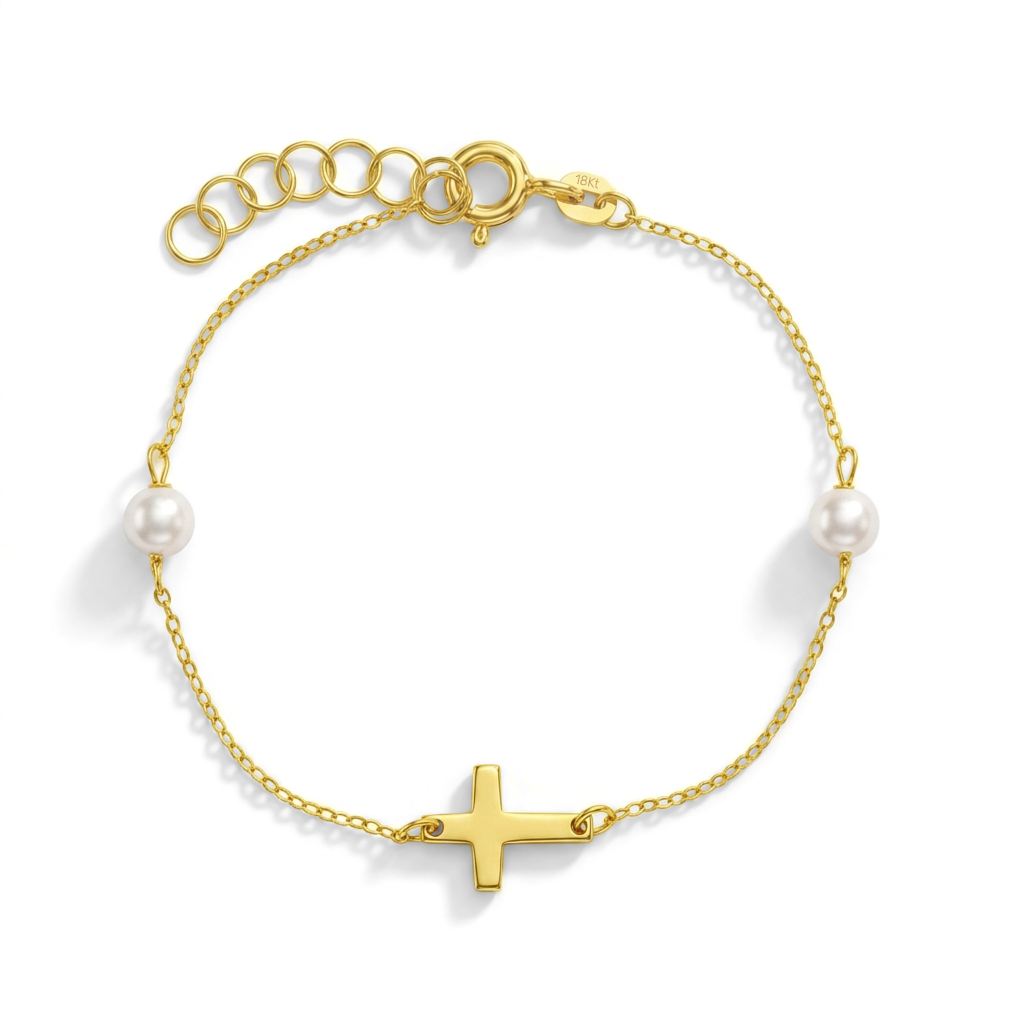 18k Gold 5-6" Polished Cross Baby / Toddler / Kids Bracelet Simulated Pearl