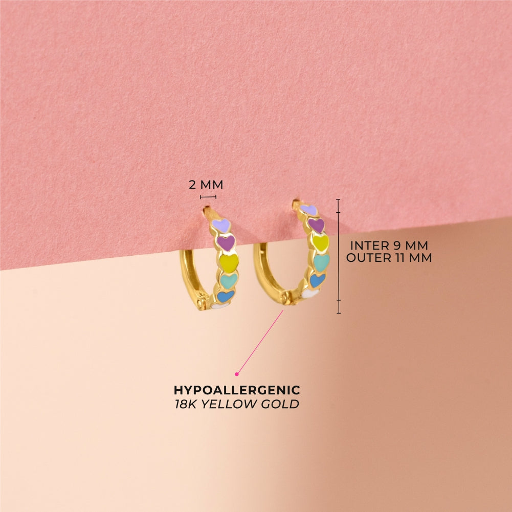 18k Gold Heart Cascade Kids / Children's / Girls Earrings Hoop Enamel