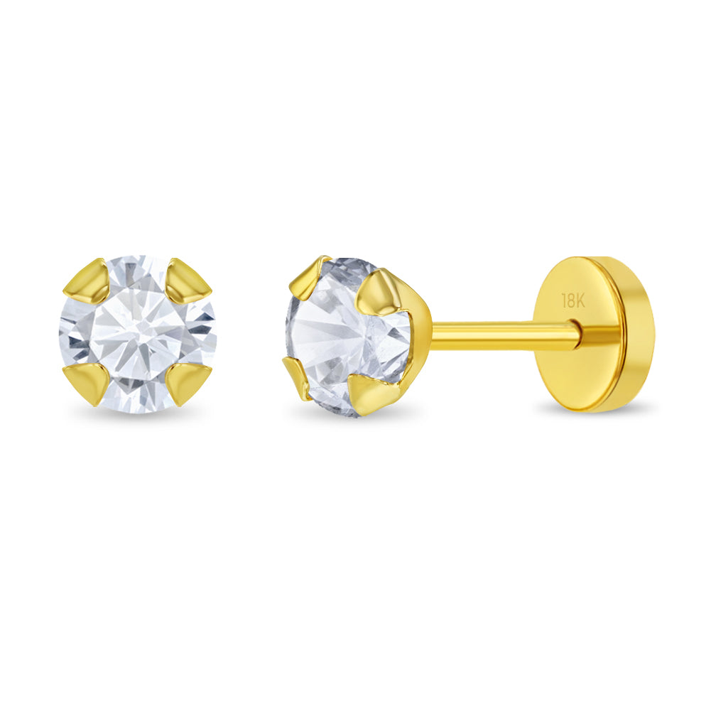 18k Gold Prong Cubic Zirconia Baby / Toddler / Kids Earrings Safety Push Back