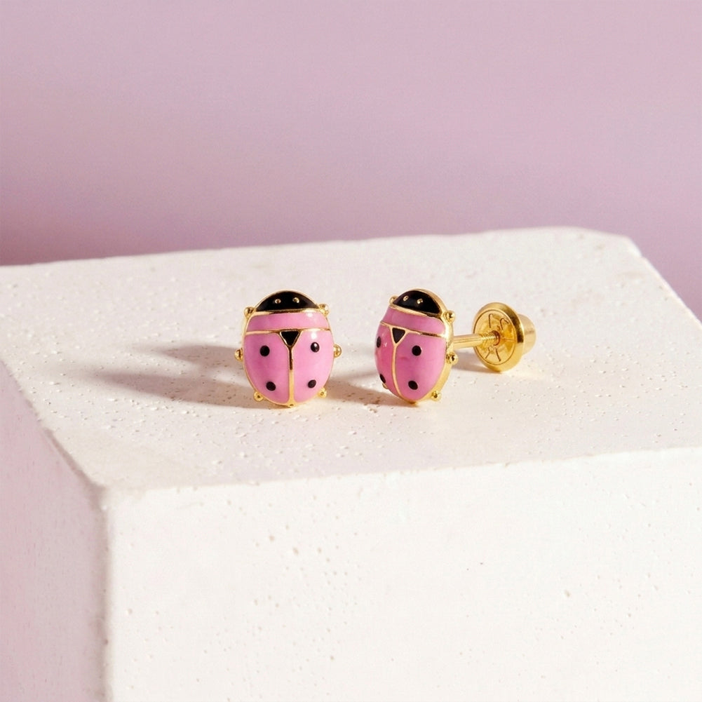 14k Gold Tiny Colorful Ladybug Baby / Toddler / Kids Earrings Safety Screw Back Enamel