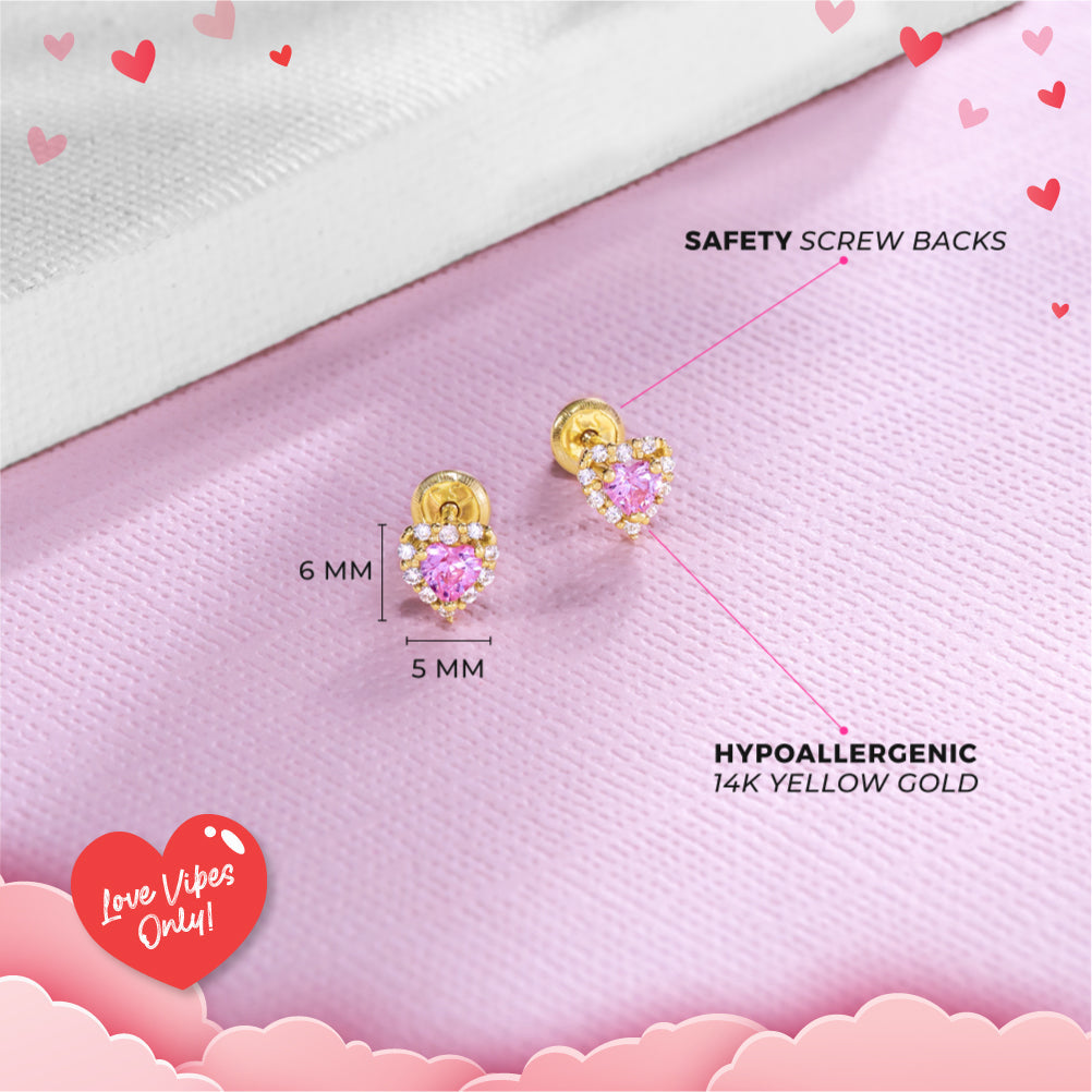 14k Gold Princess Heart Pink Kids / Children's / Girls Earrings Safety Screw Back