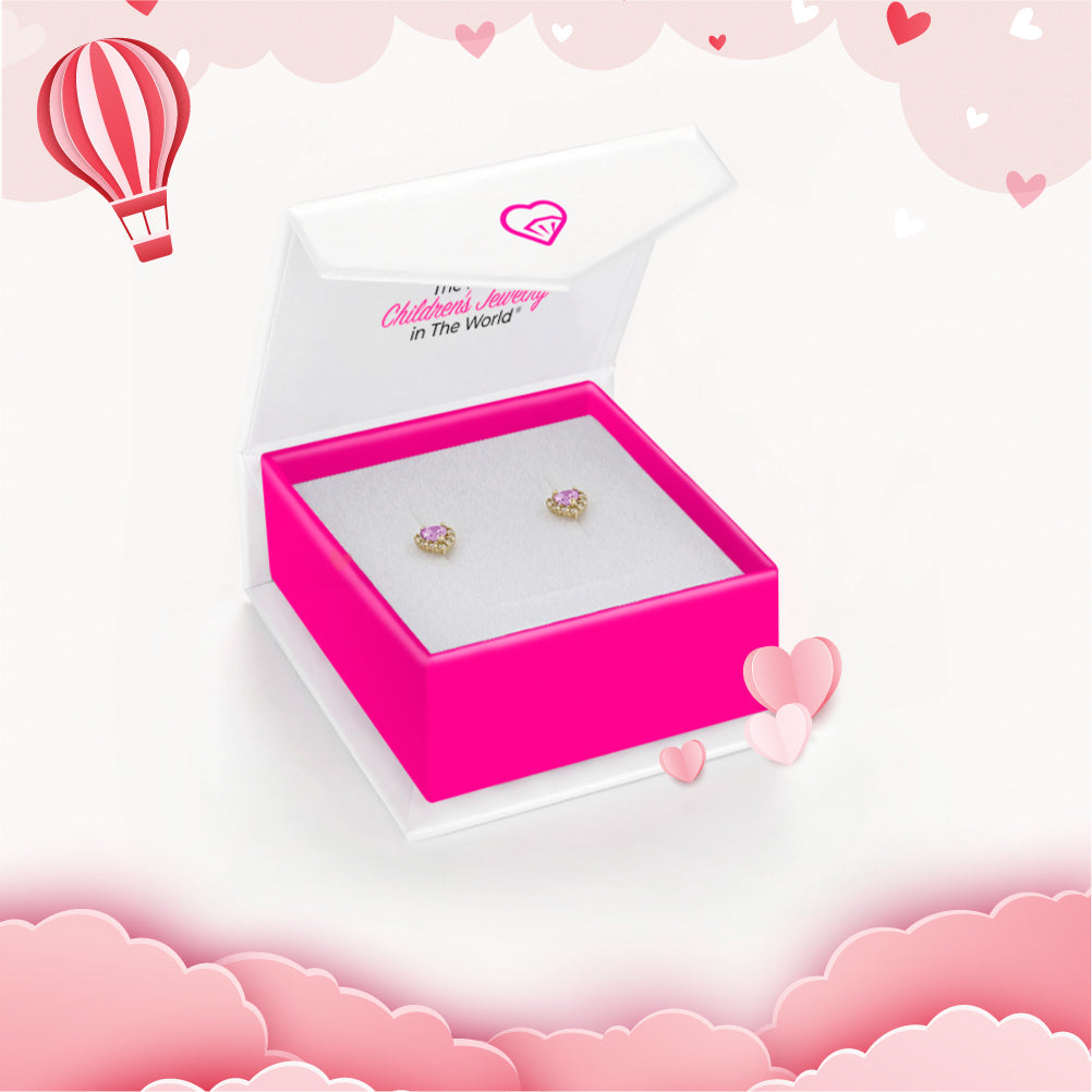 14k Gold Princess Heart Pink Kids / Children's / Girls Earrings Safety Screw Back