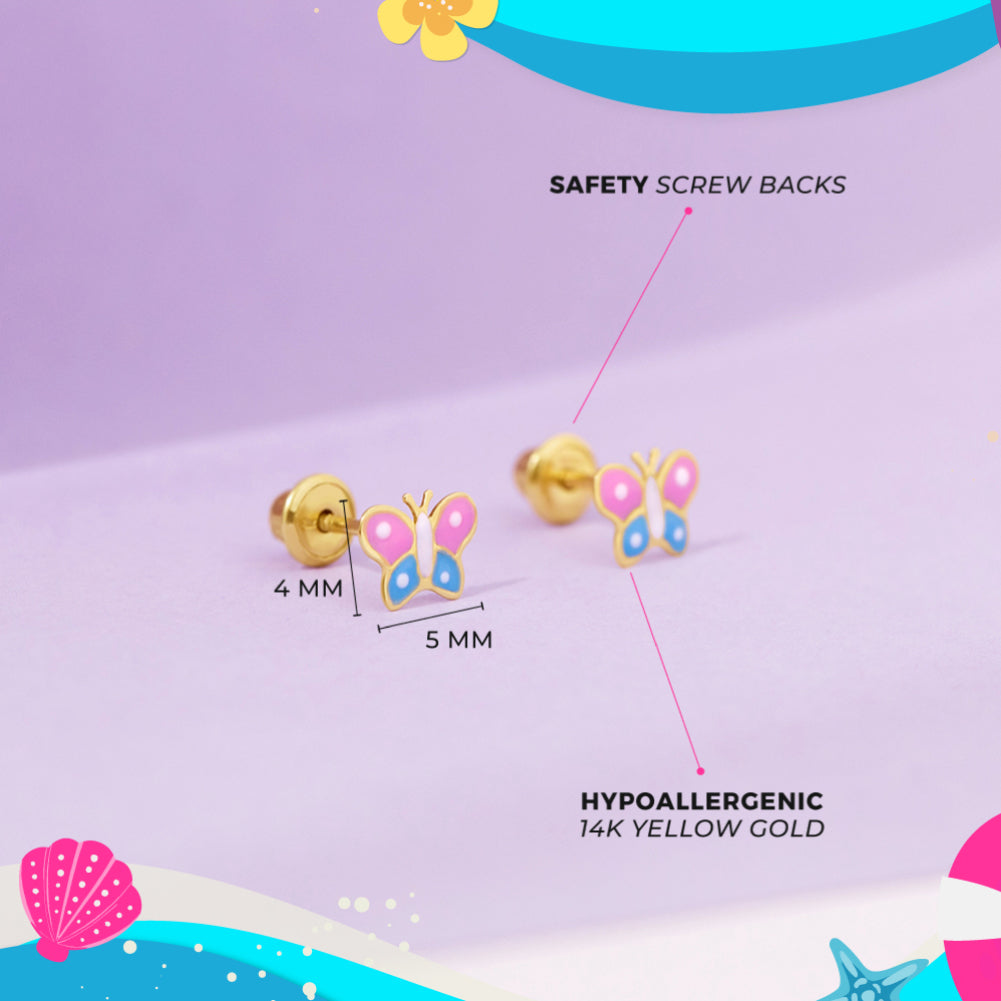 14k Gold Colorful Butterfly Baby / Kids Earrings Safety Screw Back Enamel