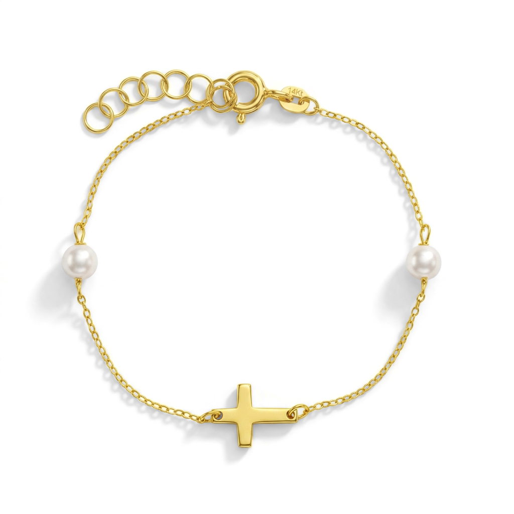 14k Gold 5-6" Polished Cross Baby / Toddler / Kids Bracelet Simulated Pearl