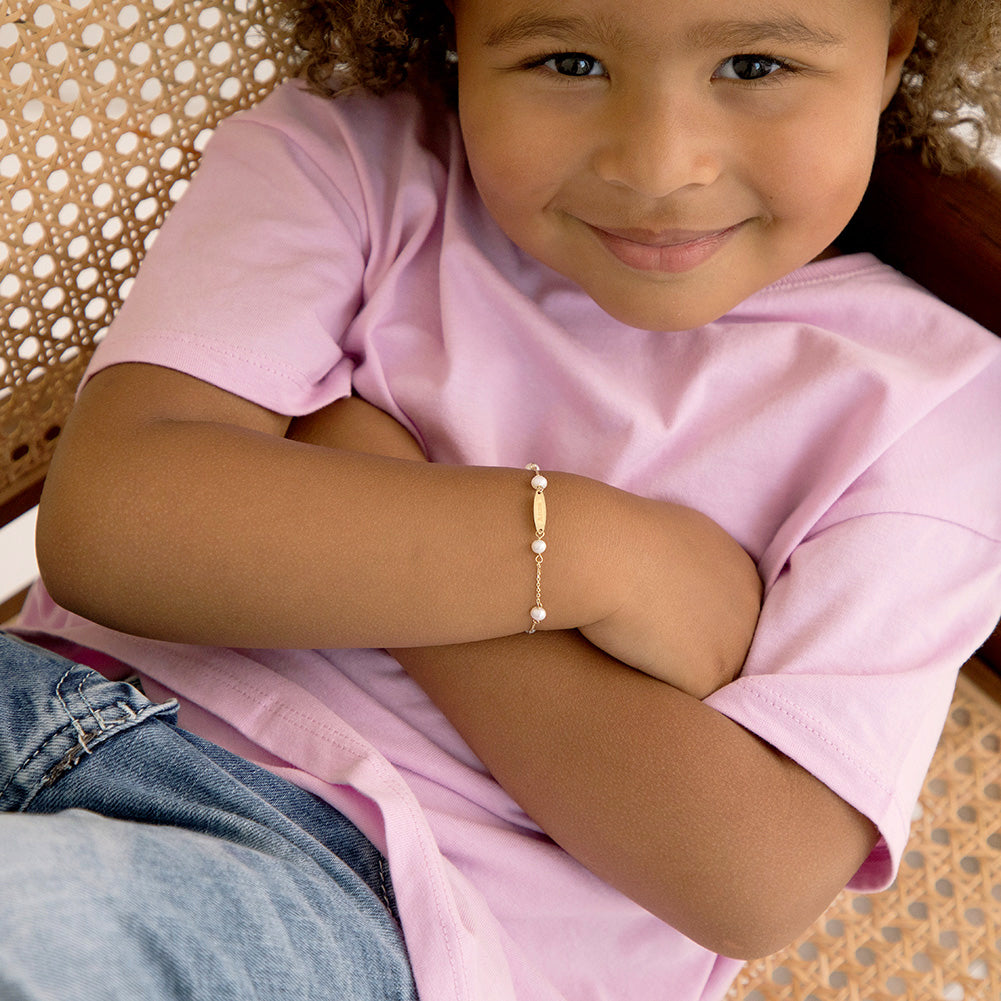 14k Gold 5-6" Oval Tag ID Baby / Toddler / Kids Bracelet Simulated Pearl