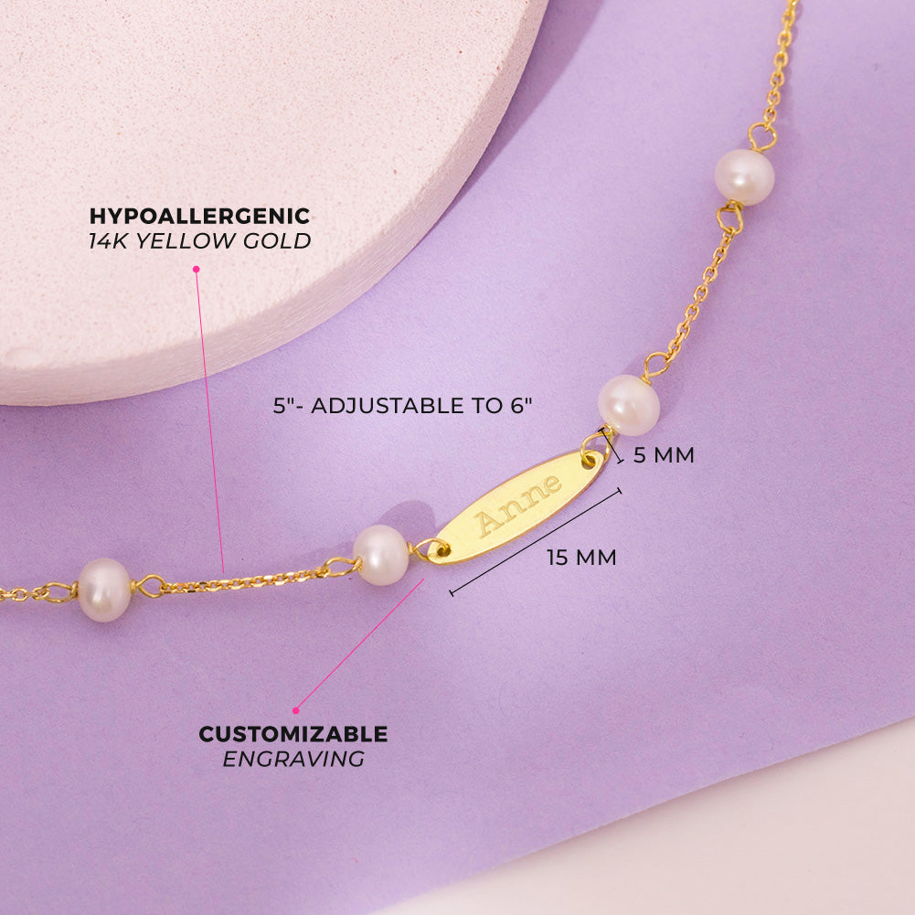 14k Gold 5-6" Oval Tag ID Baby / Toddler / Kids Bracelet Simulated Pearl