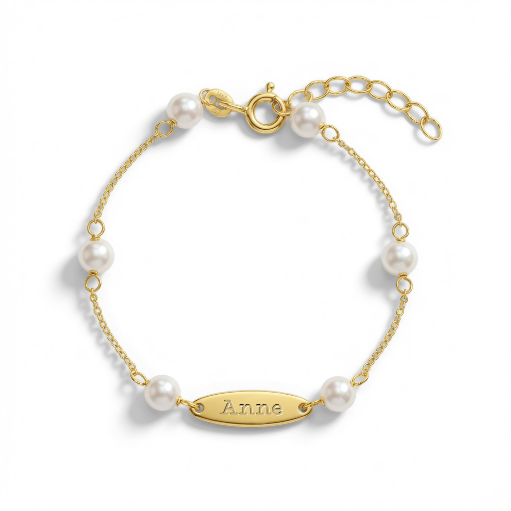 14k Gold 5-6" Oval Tag ID Baby / Toddler / Kids Bracelet Simulated Pearl