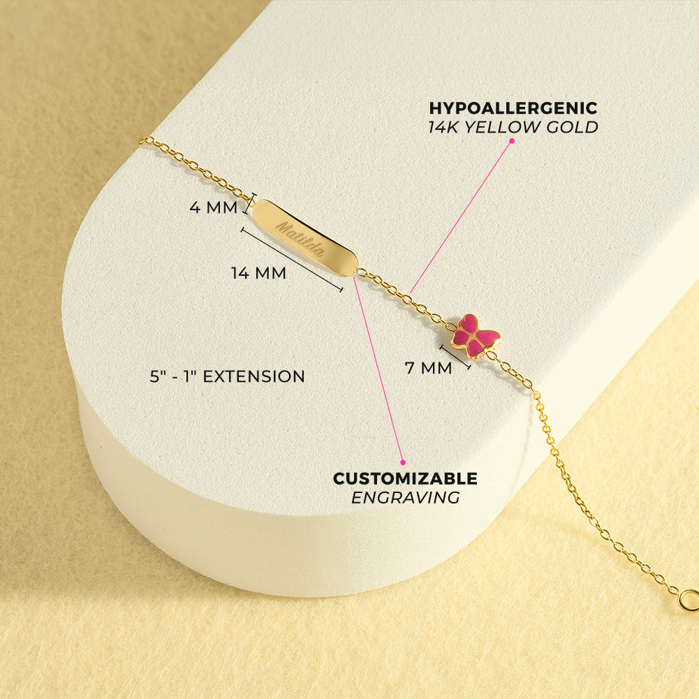 14k Gold 5"- 6" Engravable Pink Butterfly Baby / Toddler / Kids Bracelet Enamel