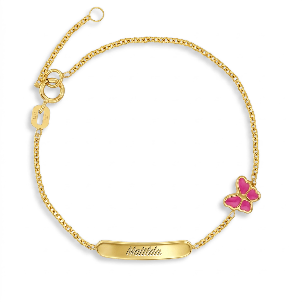 14k Gold 5"- 6" Engravable Pink Butterfly Baby / Toddler / Kids Bracelet Enamel