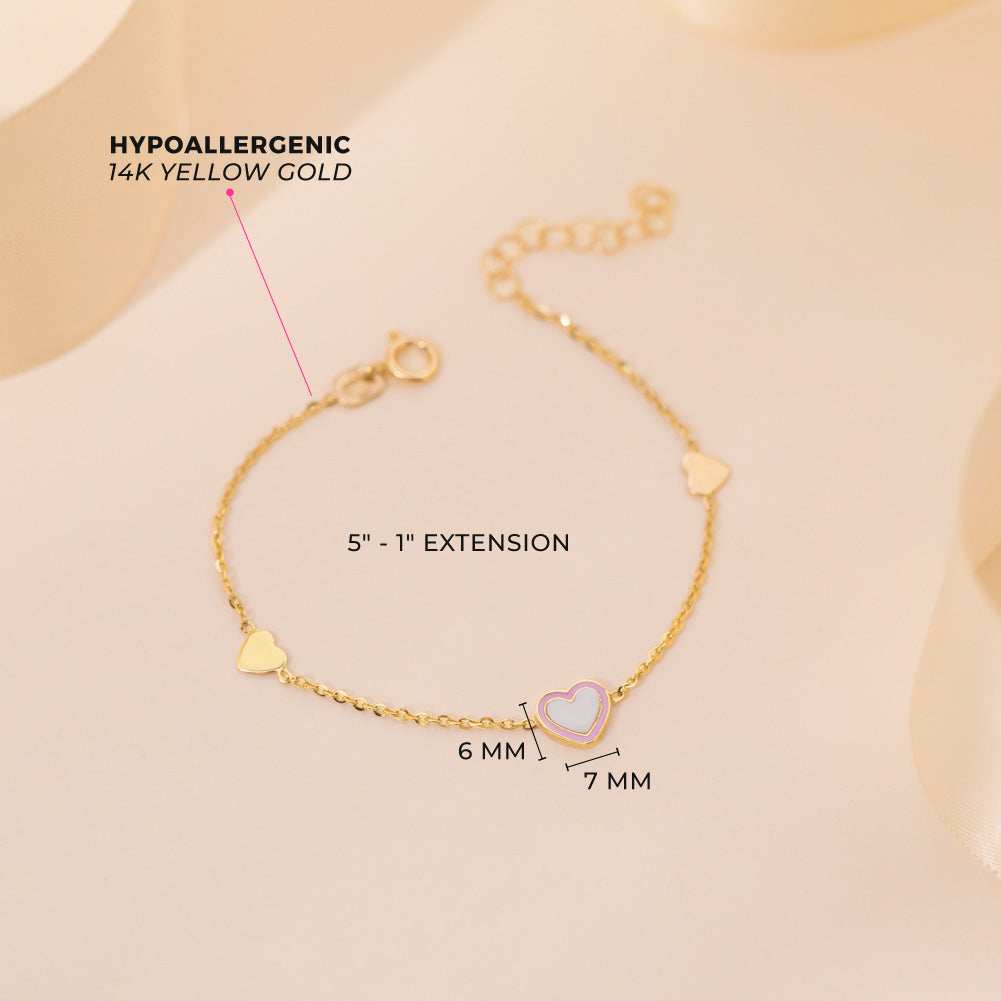 14k Gold 5"- 6" Mother of Pearl Heart Baby / Toddler / Kids Bracelet Enamel