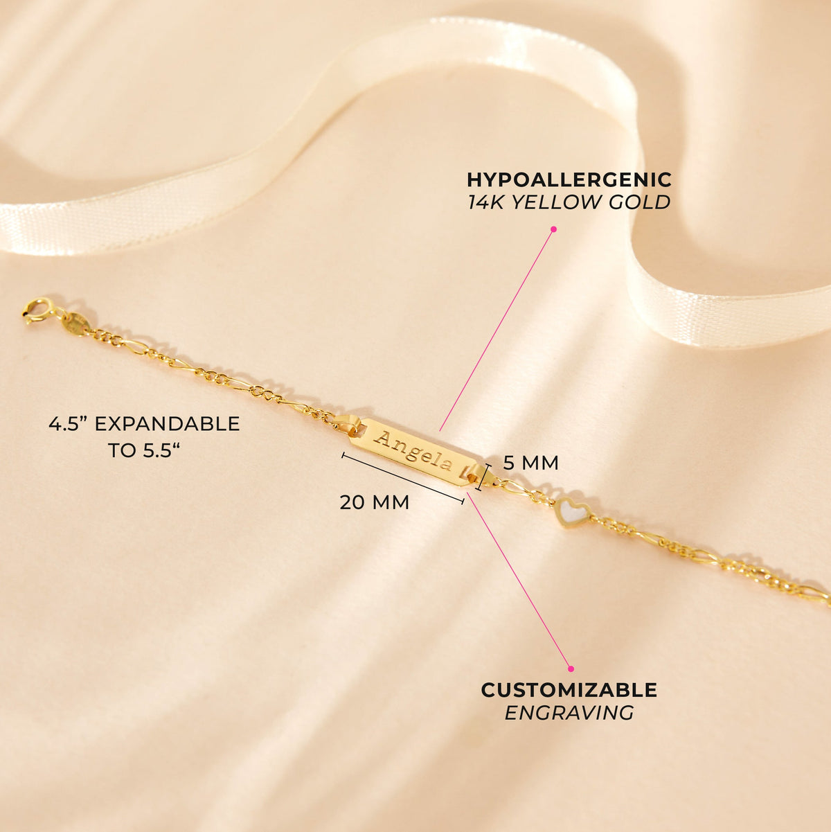 14k Gold 4.5"-5.5" Mother of Pearl Heart Baby / Toddler / Kids Bracelet
