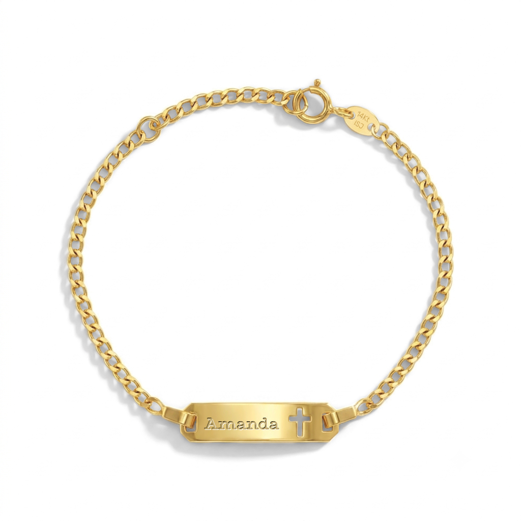 14k Gold 4.5"-5.5" Cross Cut Out ID Bracelet Baby / Toddler / Kids Bracelet Curb Chain