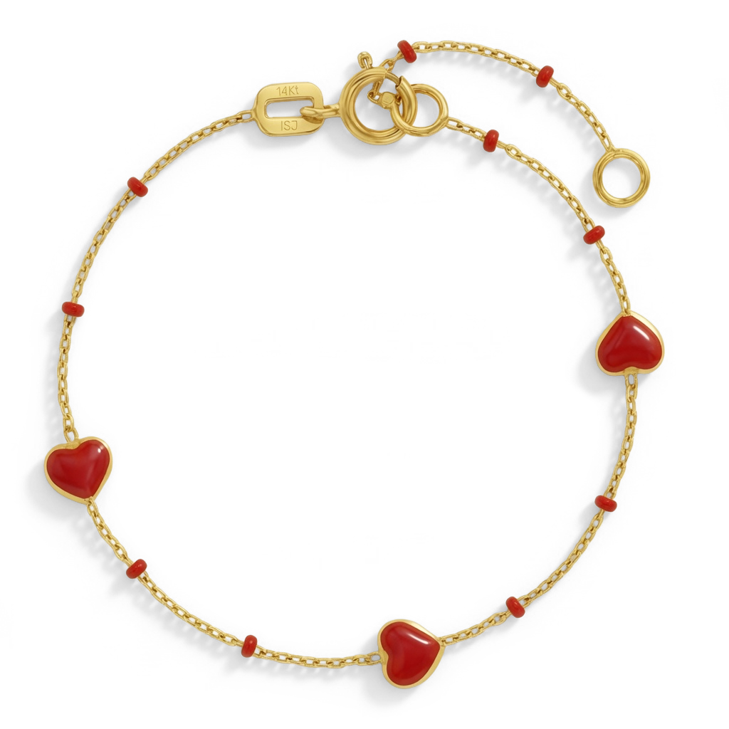 14k Gold 5.5" Red Enamel Heart Baby / Toddler / Kids Bracelet
