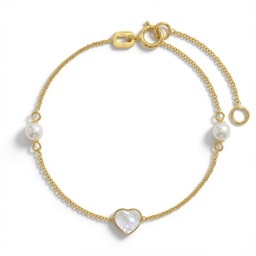14k Gold 4.5-5.5" Mother of Pearl Heart With Pearls Baby / Toddler / Kids Bracelet