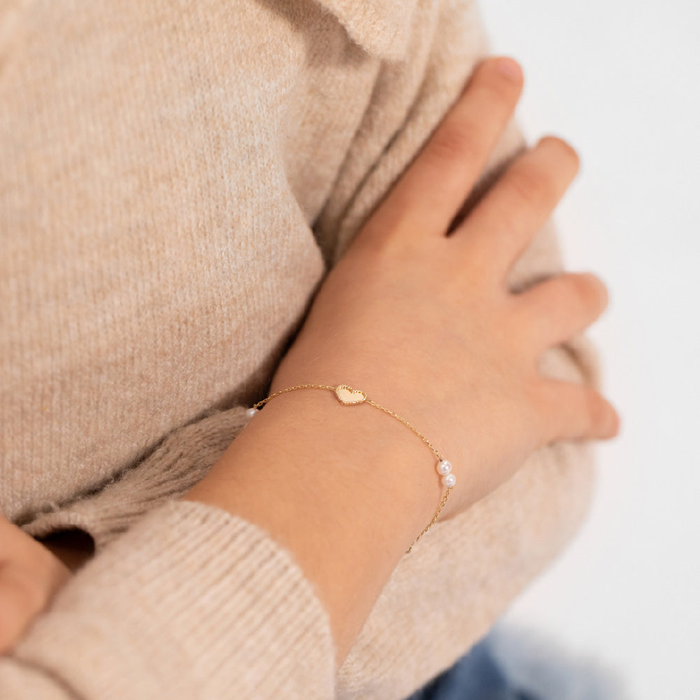 14k Gold 5.5-6" Framed Heart Kids / Children's / Girls Bracelet Freshwater Cultured Pearls