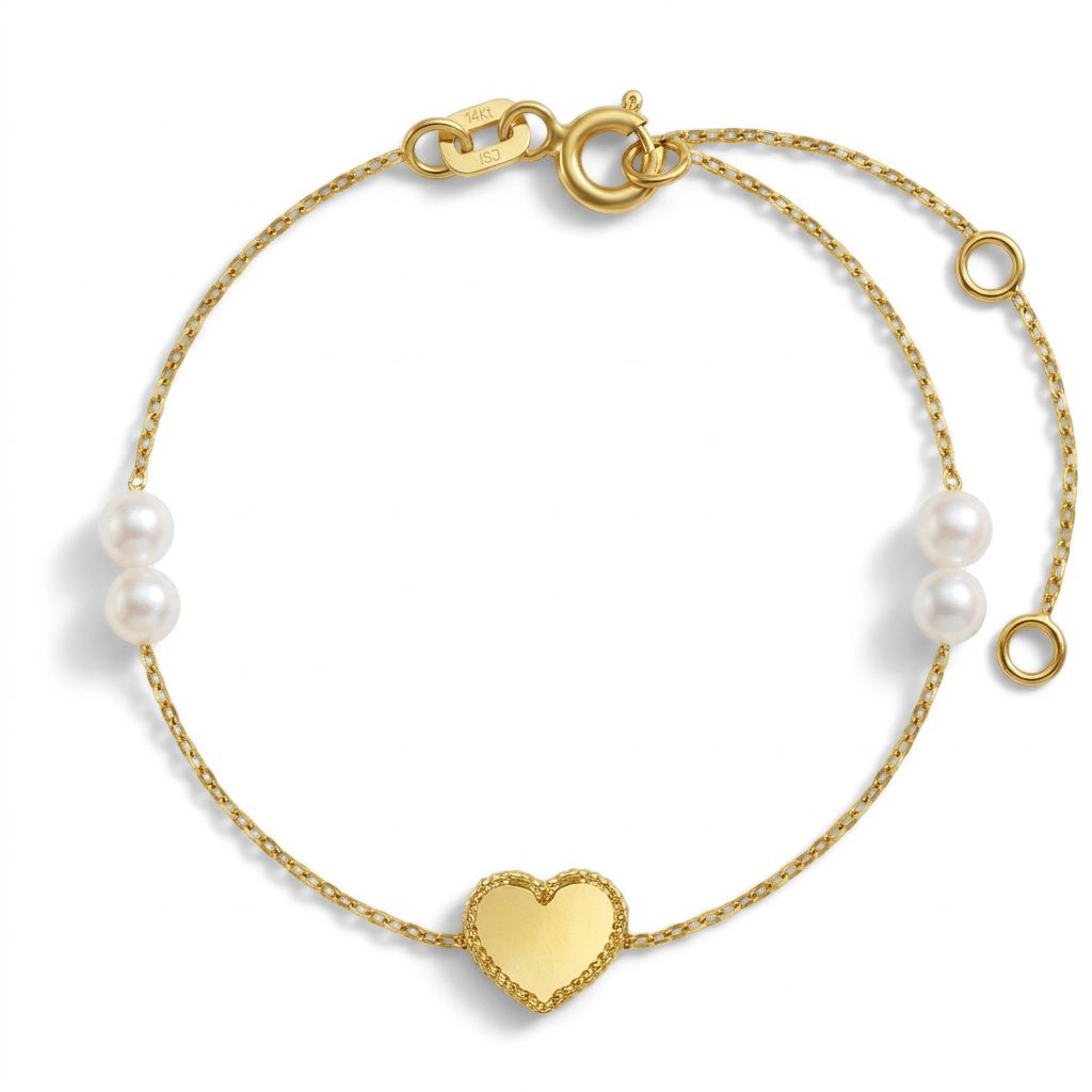 14k Gold 5.5-6" Framed Heart Kids / Children's / Girls Bracelet Freshwater Cultured Pearls