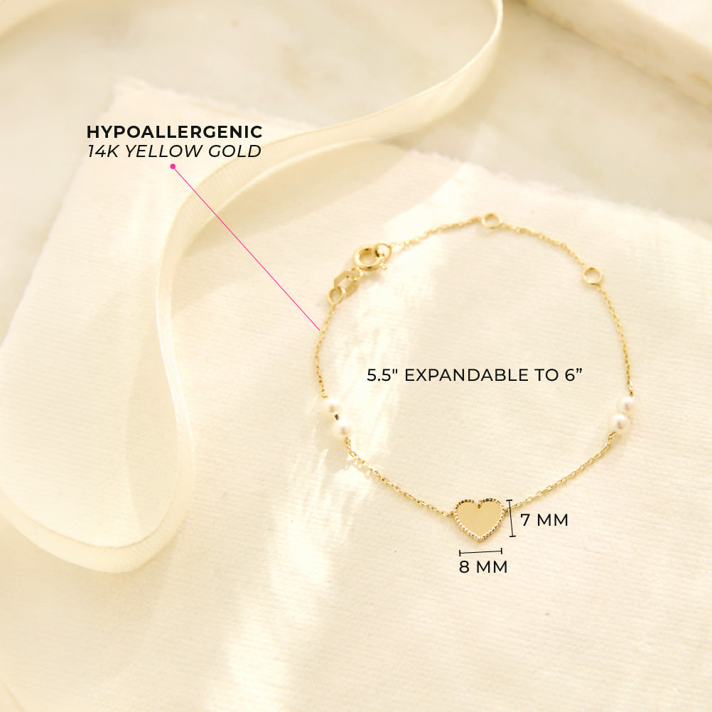 14k Gold 5.5-6" Framed Heart Kids / Children's / Girls Bracelet Freshwater Cultured Pearls