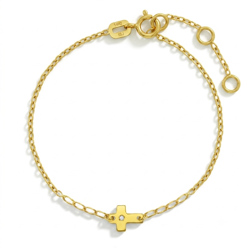 14k Gold 5-6" Cross CZ Kids / Children's / Girls Bracelet