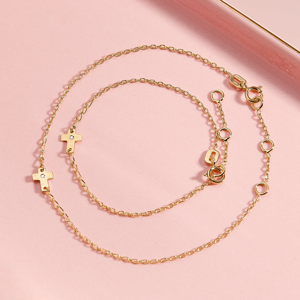 14k Gold 5-6" Cross CZ Kids / Children's / Girls Bracelet