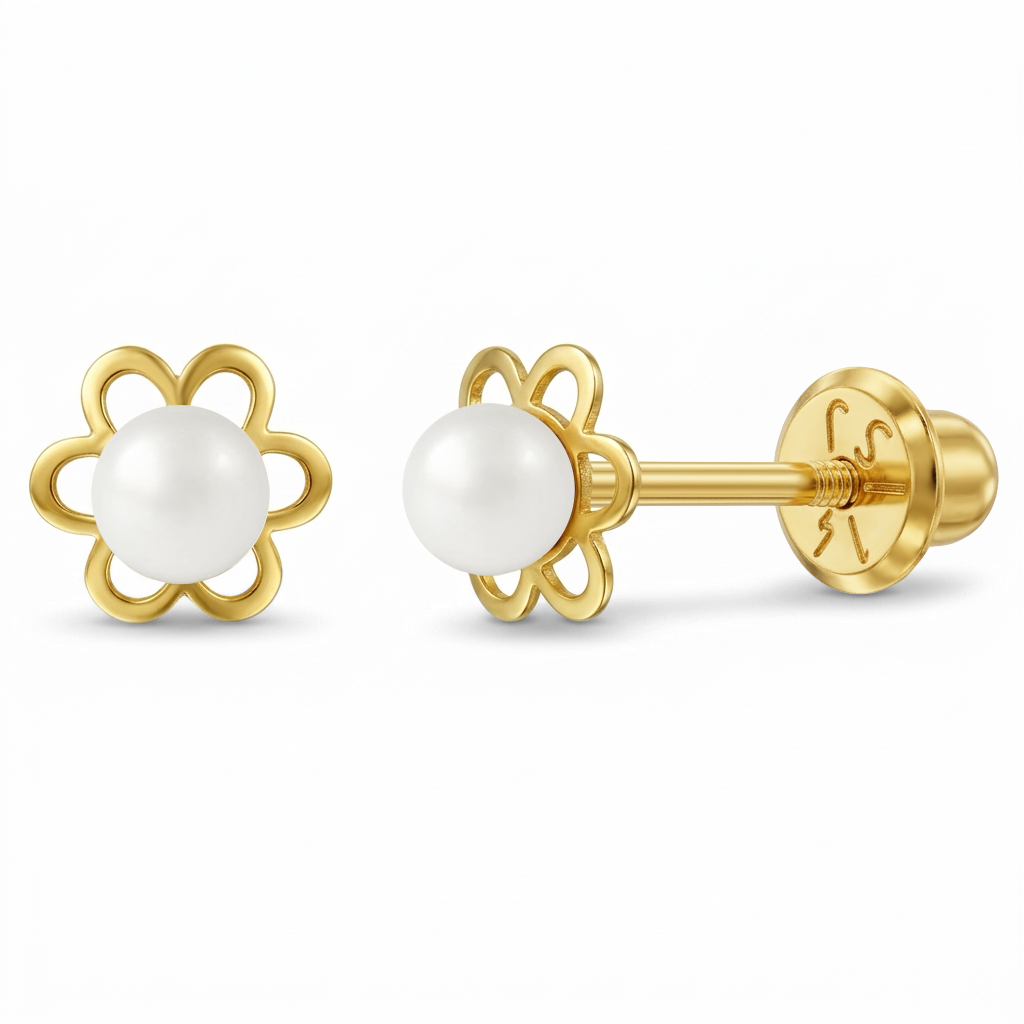 14k Gold Flower Freshwater Pearl 5mm Baby / Toddler / Kids Earrings Safety Screw Back