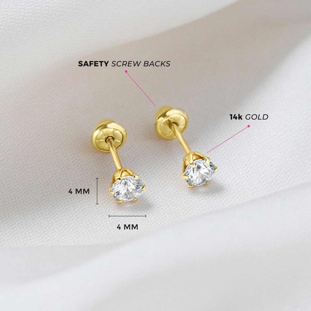 14k Gold Radiant Prong Set CZ 4mm Baby / Toddler / Kids Earrings Safety Screw Back