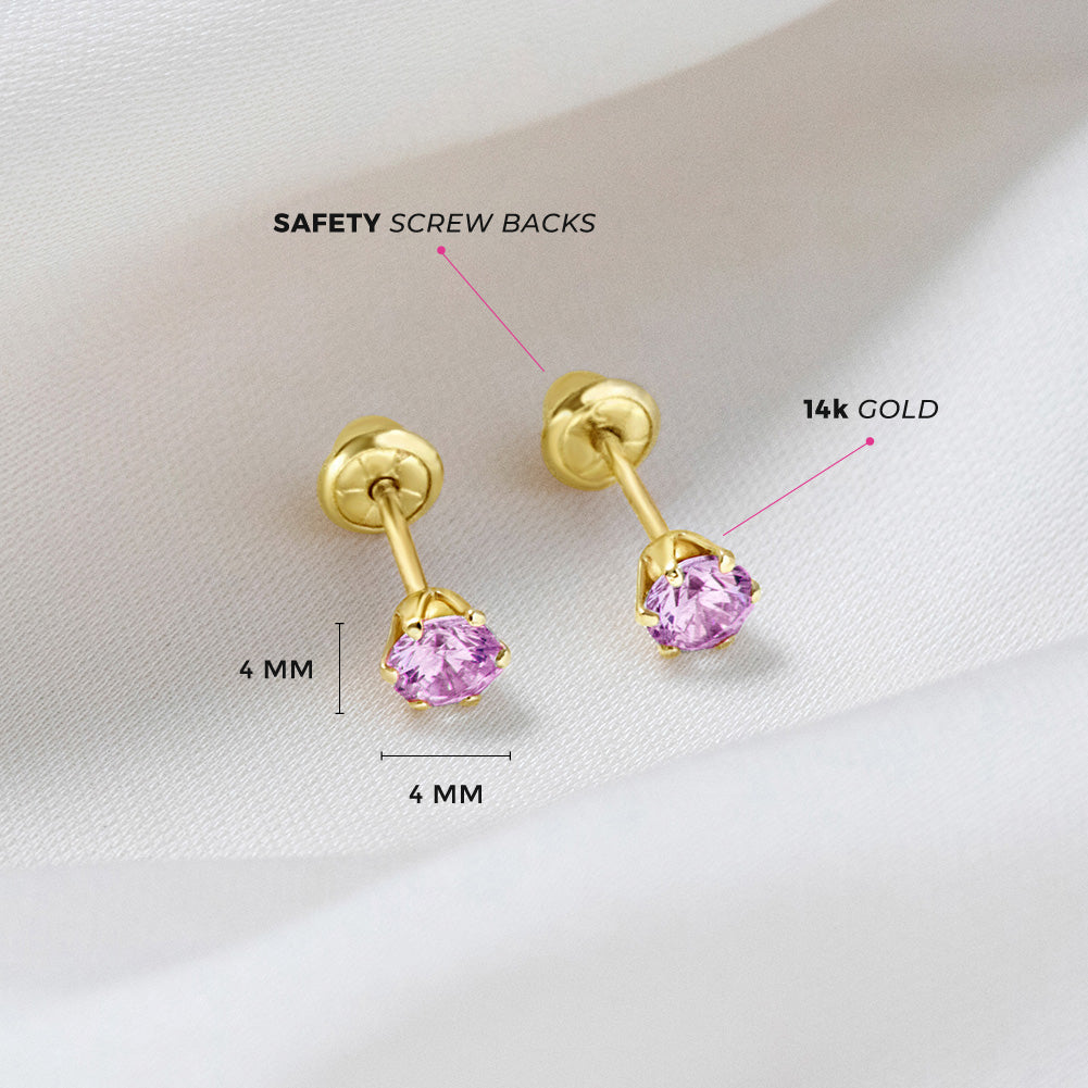 14k Gold Radiant Prong Set CZ 4mm Baby / Toddler / Kids Earrings Safety Screw Back