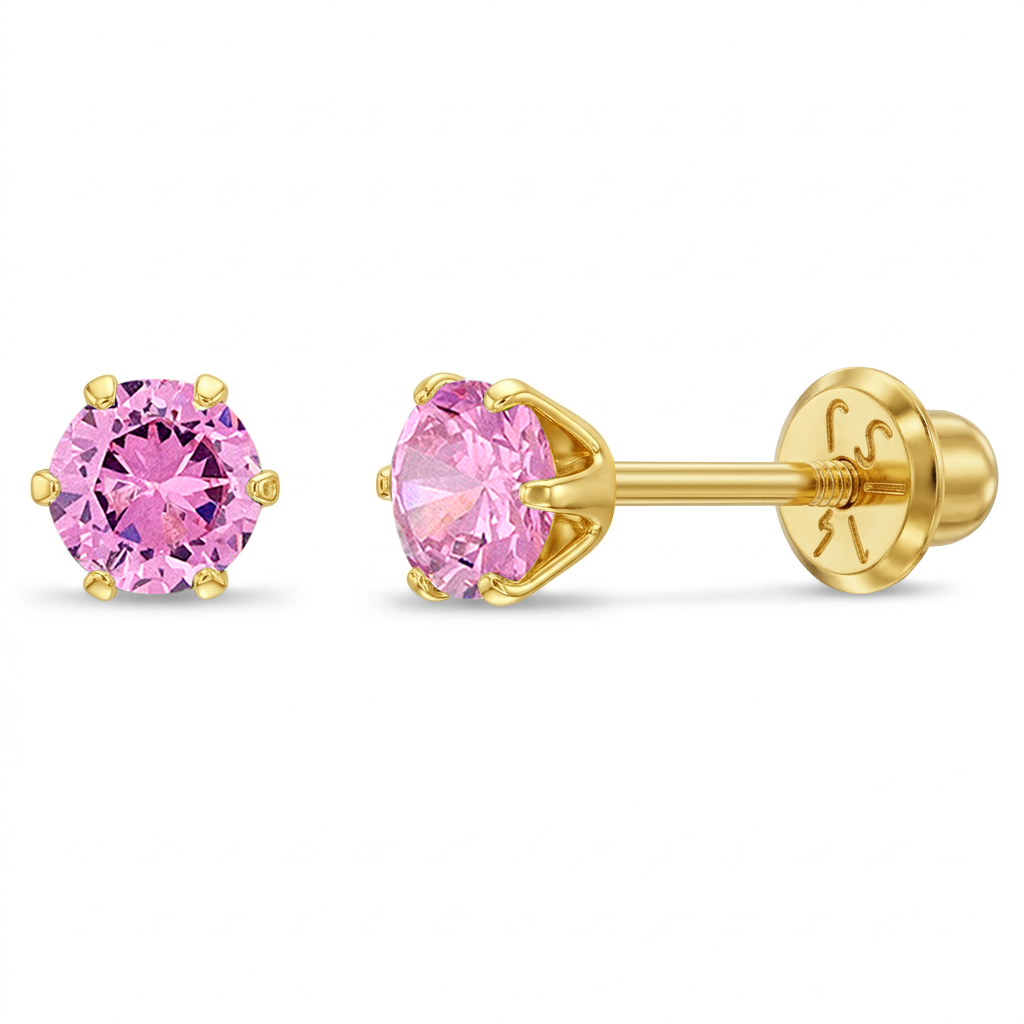 14k Gold Radiant Prong Set CZ 4mm Baby / Toddler / Kids Earrings Safety Screw Back