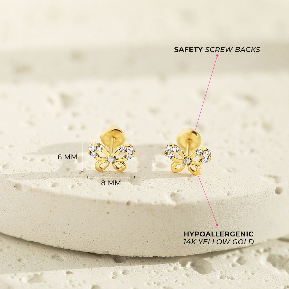 14k Gold Jeweled Butterfly Baby / Toddler / Kids Earrings Safety Screw Back