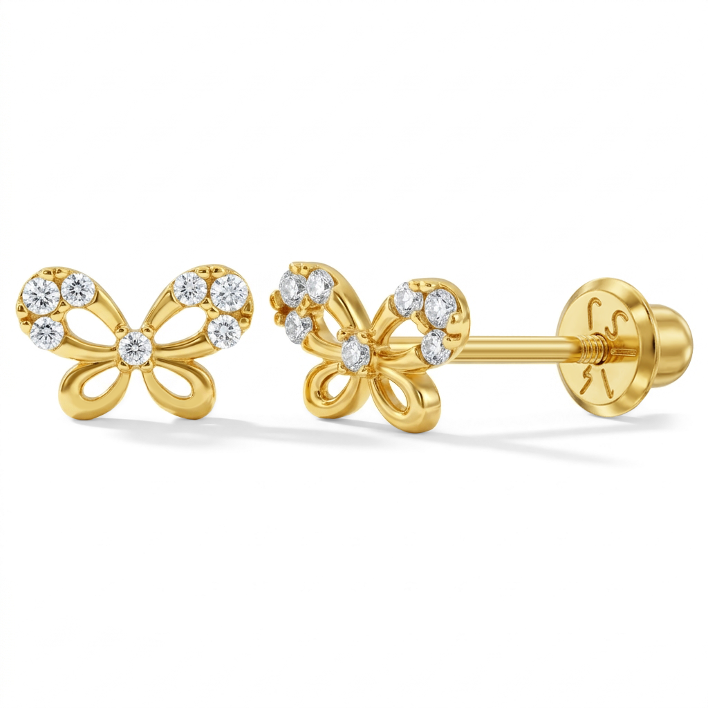14k Gold Jeweled Butterfly Baby / Toddler / Kids Earrings Safety Screw Back