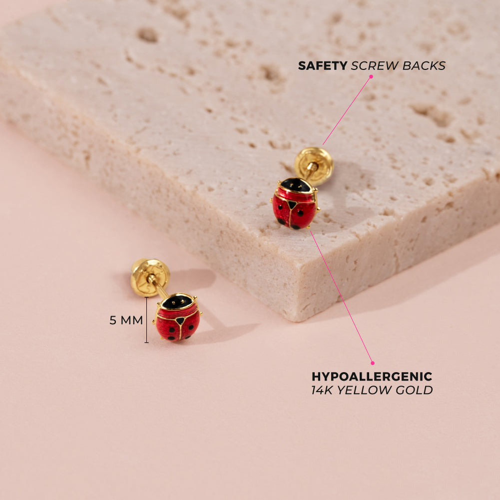 14k Gold Tiny Colorful Ladybug Baby / Toddler / Kids Earrings Safety Screw Back Enamel