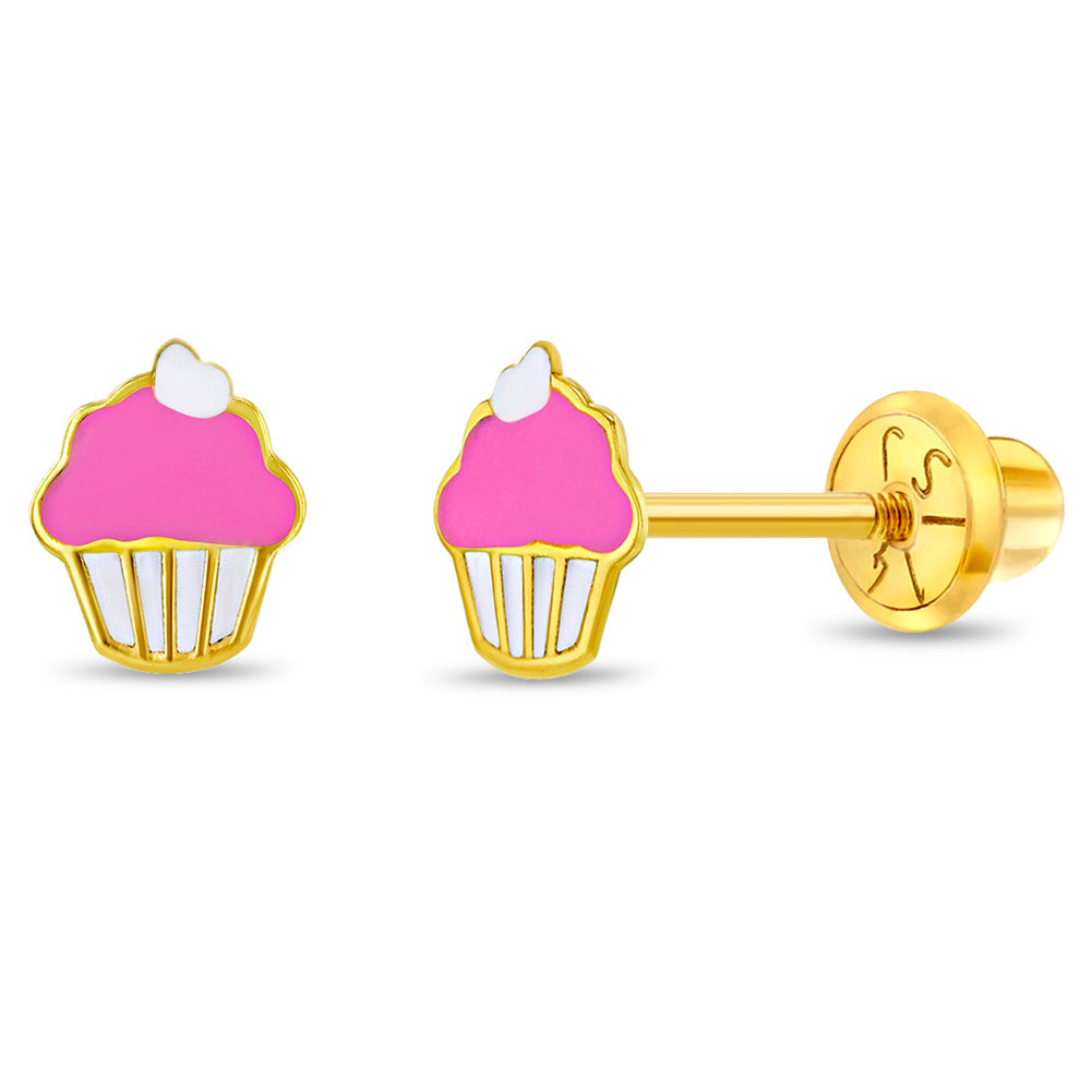 14k Gold Cupcake with Cherry Baby / Toddler / Kids Earrings Safety Screw Back Enamel