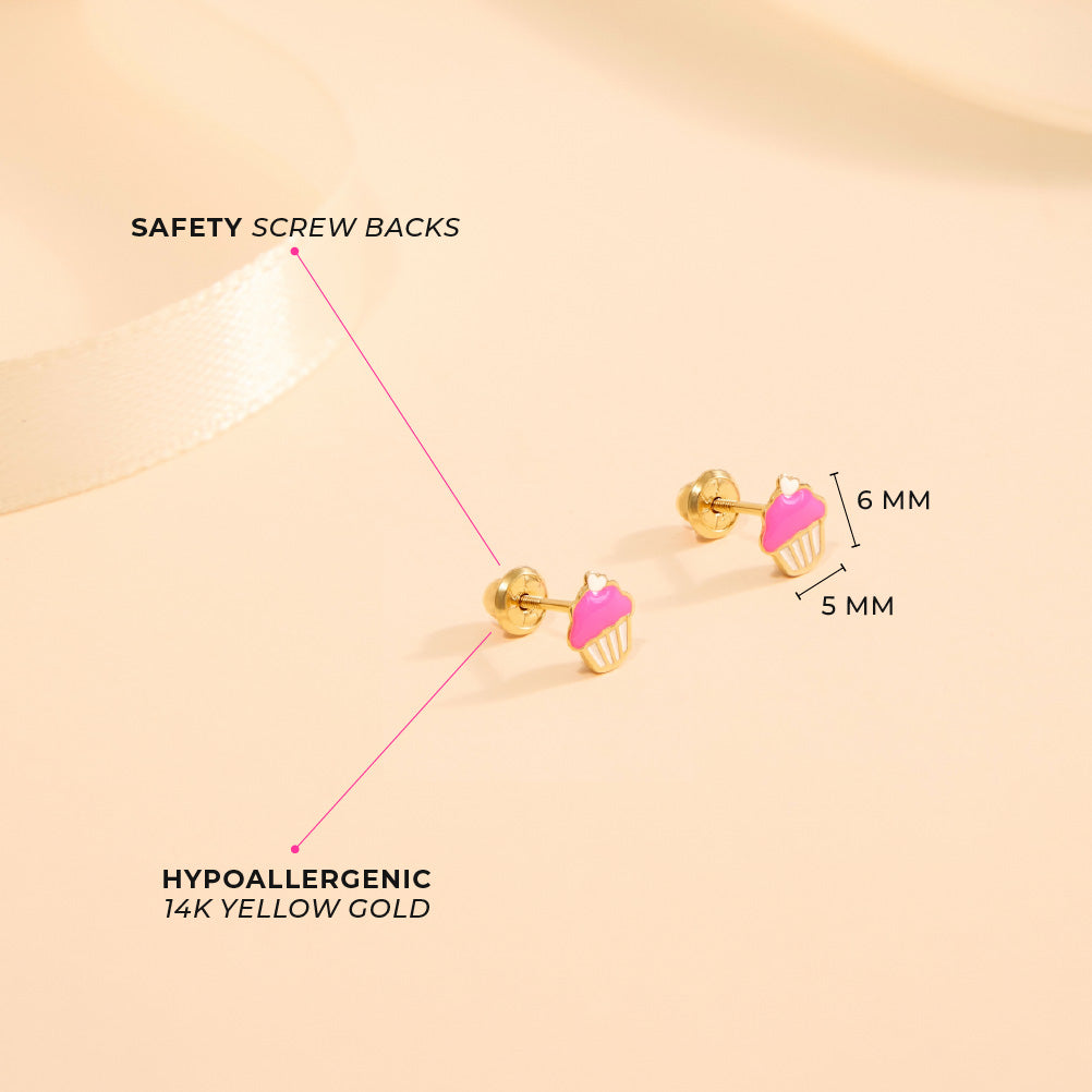 14k Gold Cupcake with Cherry Baby / Toddler / Kids Earrings Safety Screw Back Enamel