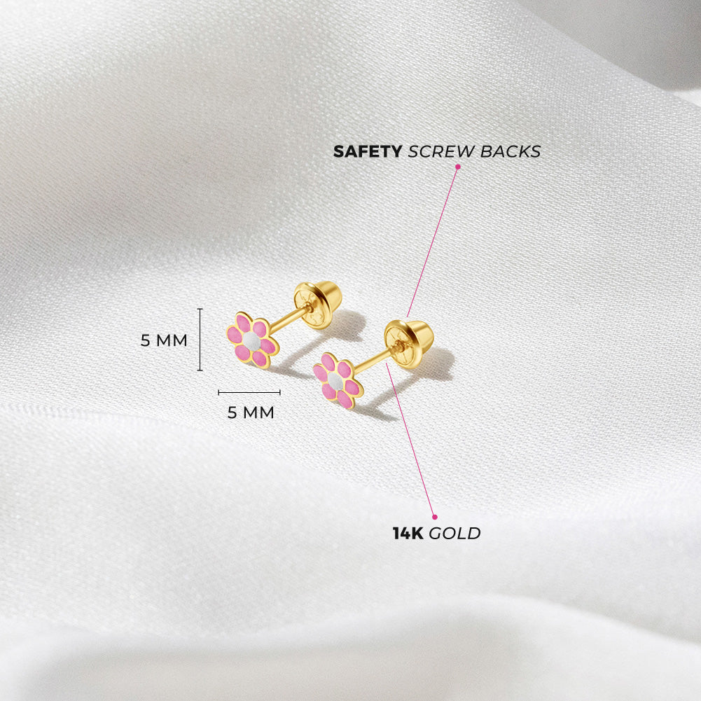 14k Gold Flower Baby / Toddler / Kids Earrings Safety Screw Back Enamel